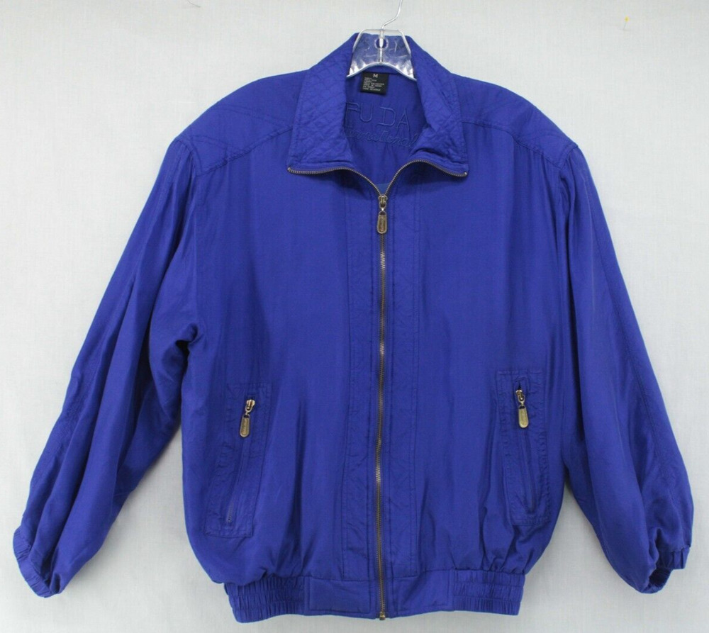VTG FUDA International Jacket Womens Medium Blue Quilted Padded Shoulders Silk